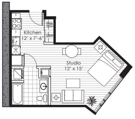 Floor plan for studio, 1 bath, 436 sqft